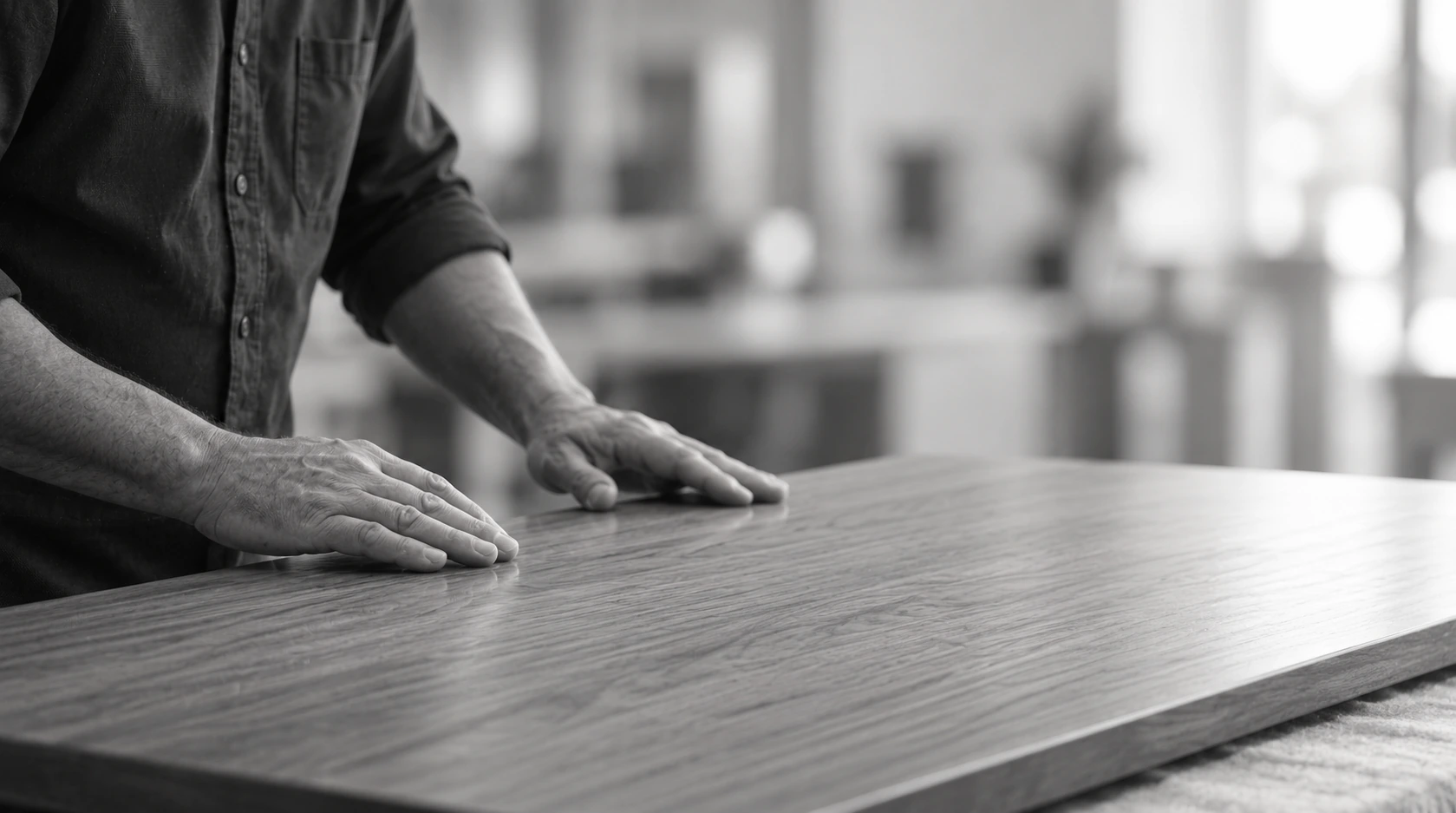 A technician inspecting the surface and finish of a furniture panel