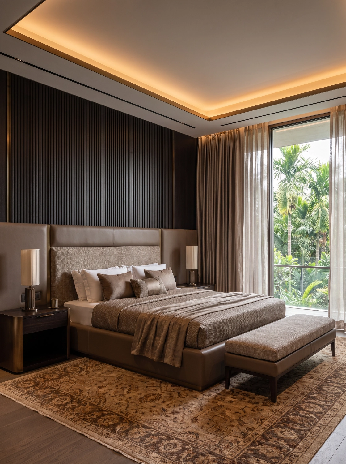 Bedroom with upholstered furniture and warm wood finishes