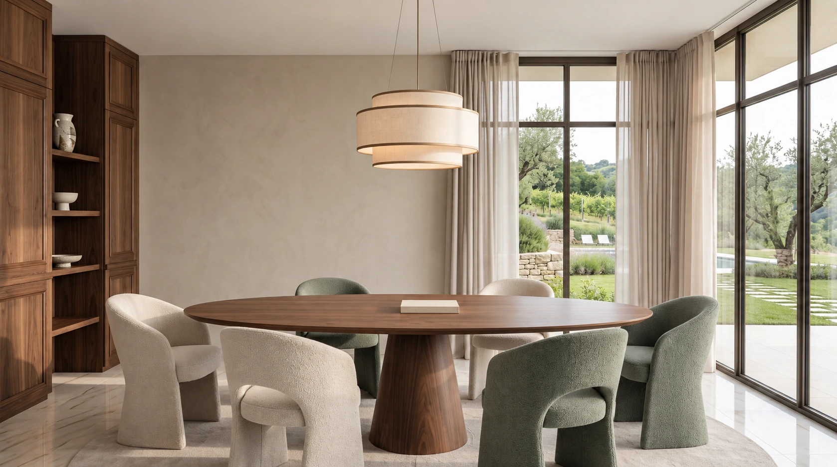 Dining room with an oval walnut table, sage and ivory upholstered chairs and garden views
