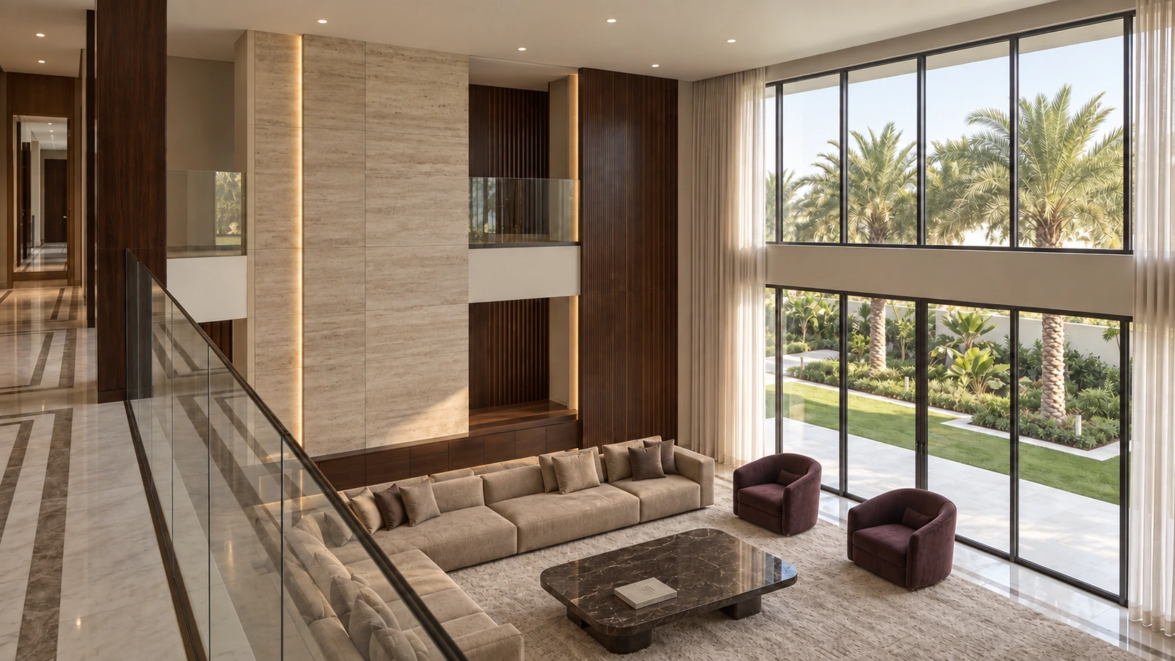 Double-height residence with travertine walls, tailored sofas and plum lounge chairs