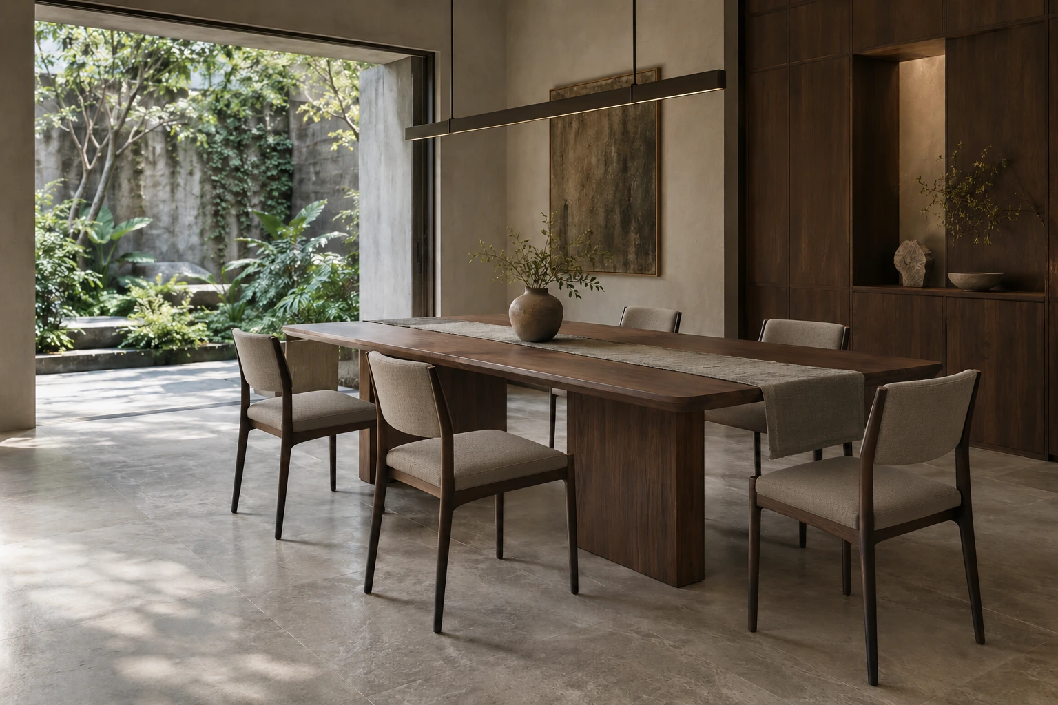 Concept dining interior with a walnut table, upholstered chairs and a planted courtyard