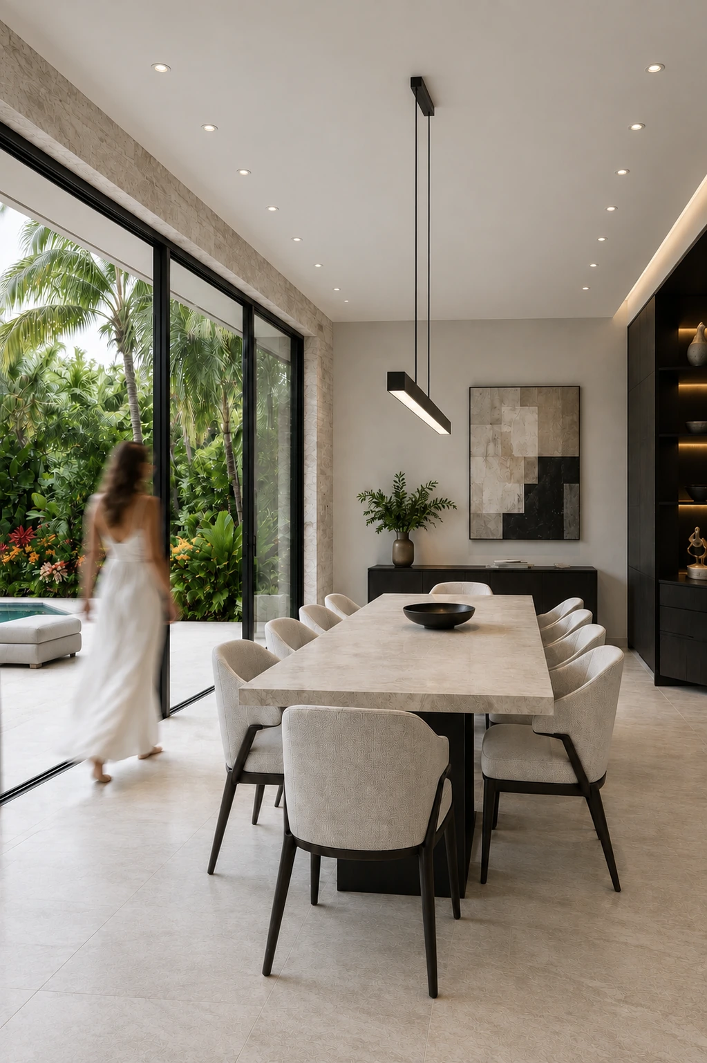 A woman walking beside a dining room opening onto a green courtyard