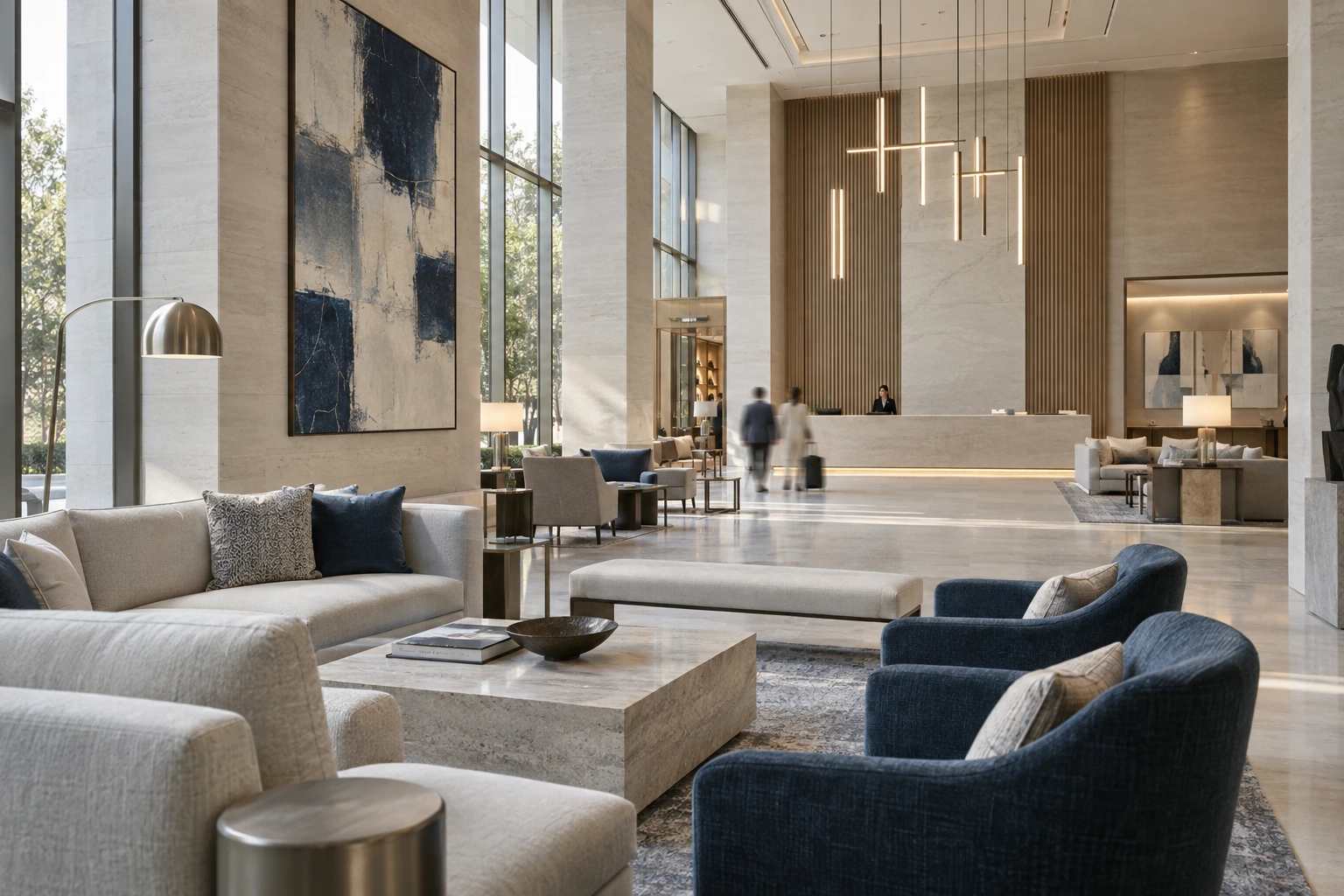 Concept hotel lobby with pale limestone, pearl upholstery and ink blue lounge chairs