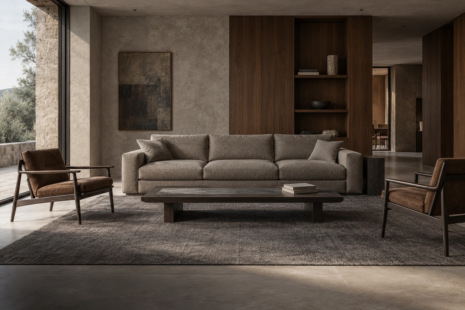 Concept living room with tailored grey seating, walnut joinery and an uncluttered stone-inset coffee table